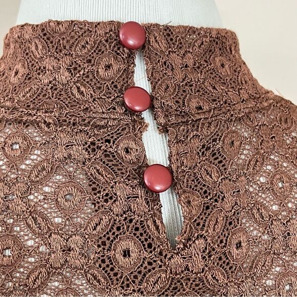 Manuela Semi Sheer Brown Lace/ Crochet Mock Neck Long Sleeve Top S - Picture 6 of 10